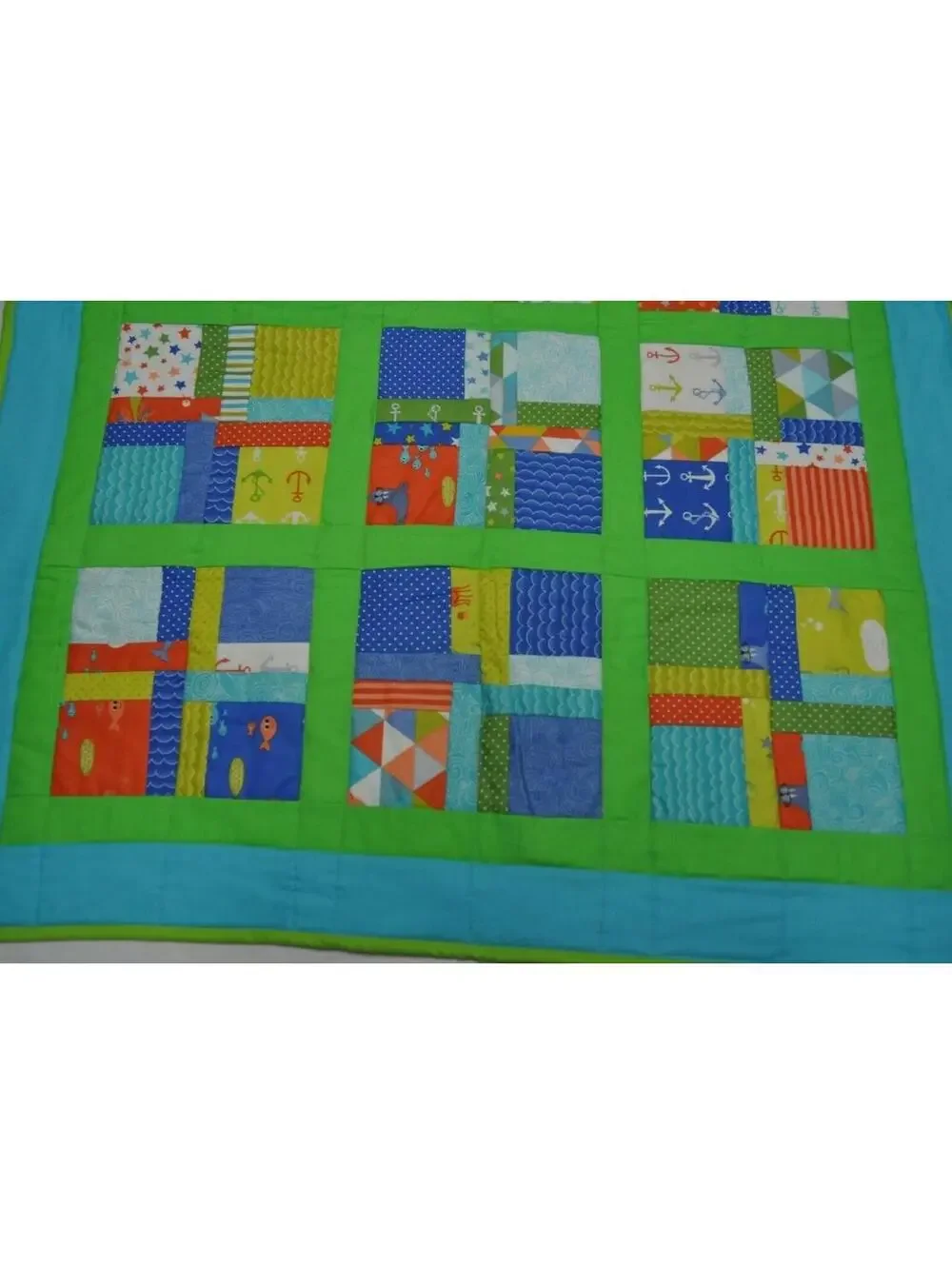 Nautical Reversible Nursery Quilt Crib Blanket with Anchors & Fish Handmade